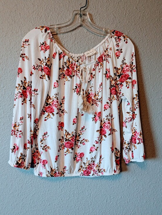 Free Kisses Tops - Free Kisses White Floral Peasant Blouse with Pink Rose Print Bloomcore Boho Sz L